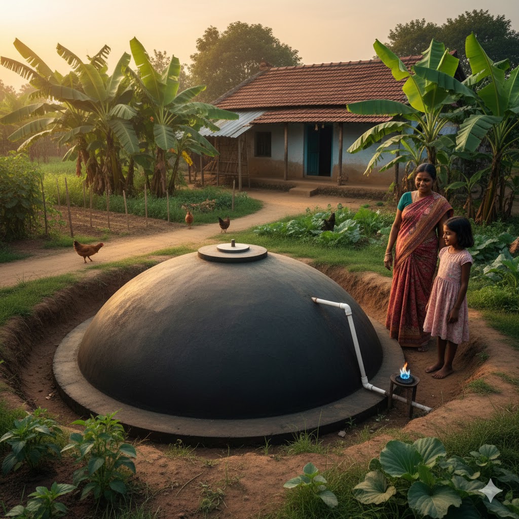 Biodigestor doméstico modelo indiano instalado em um quintal residencial para tratamento de resíduos.