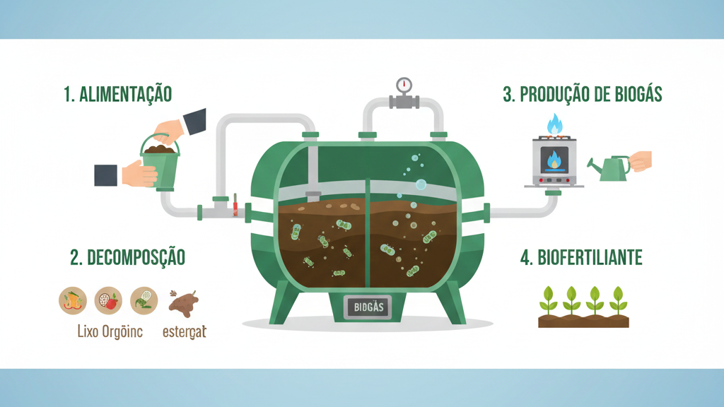 Infográfico mostrando o ciclo do biodigestor: entrada de lixo orgânico e saída de biogás e biofertilizante.