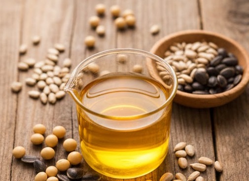 Sementes de soja e óleo vegetal representando o biodiesel