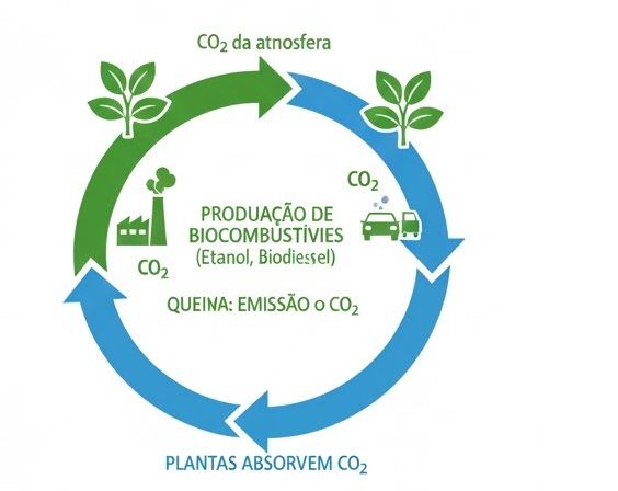 Infográfico mostrando o ciclo do carbono nos biocombustíveis